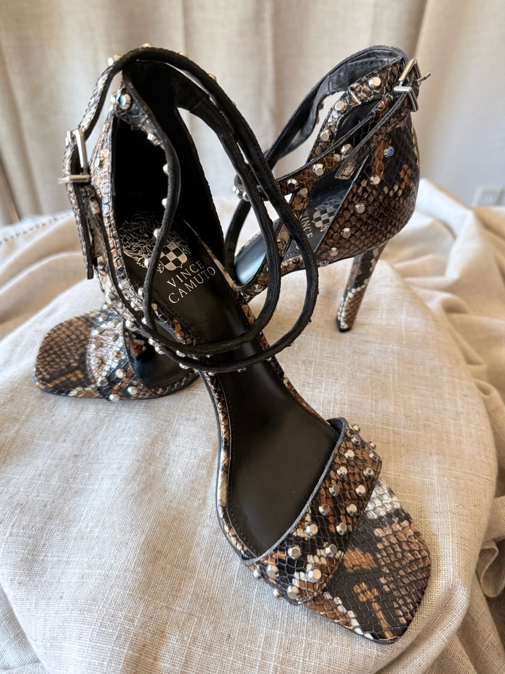 Vince Camuto Studded Snakeskin Ankle Strap Stiletto Heels Size 8